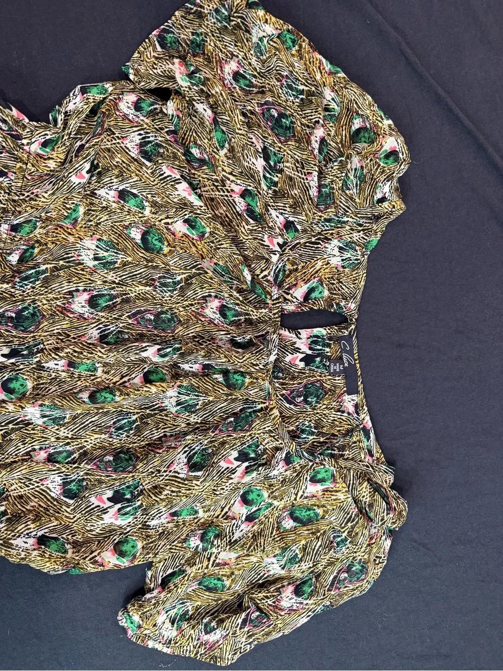 C. Luce Green Peacock Print Dress with Pink Hem - Picture 3 of 5